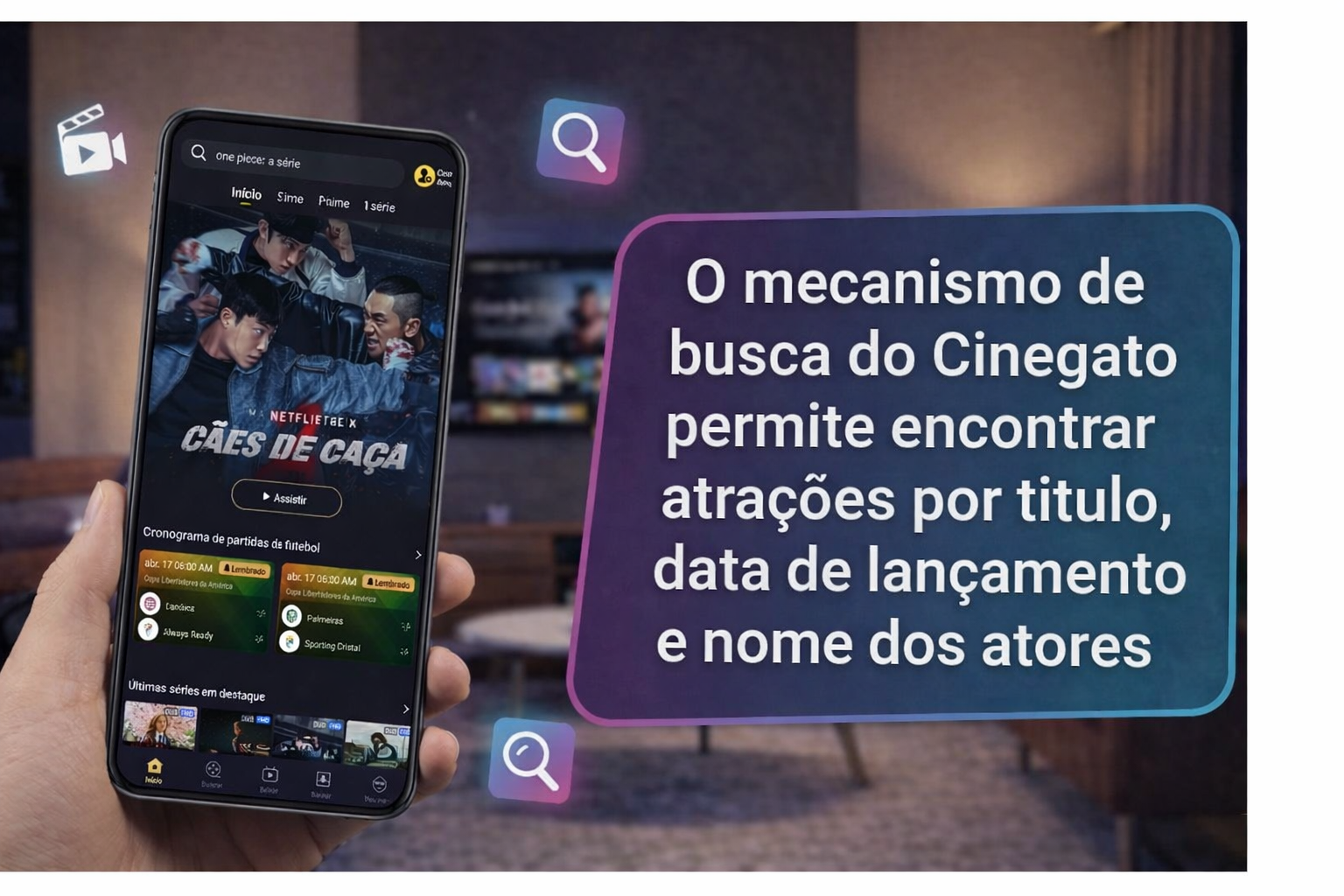 O mecanismo de busca do Cinegato permite encontrar atrações por título, data de lançamento e nome dos atores
