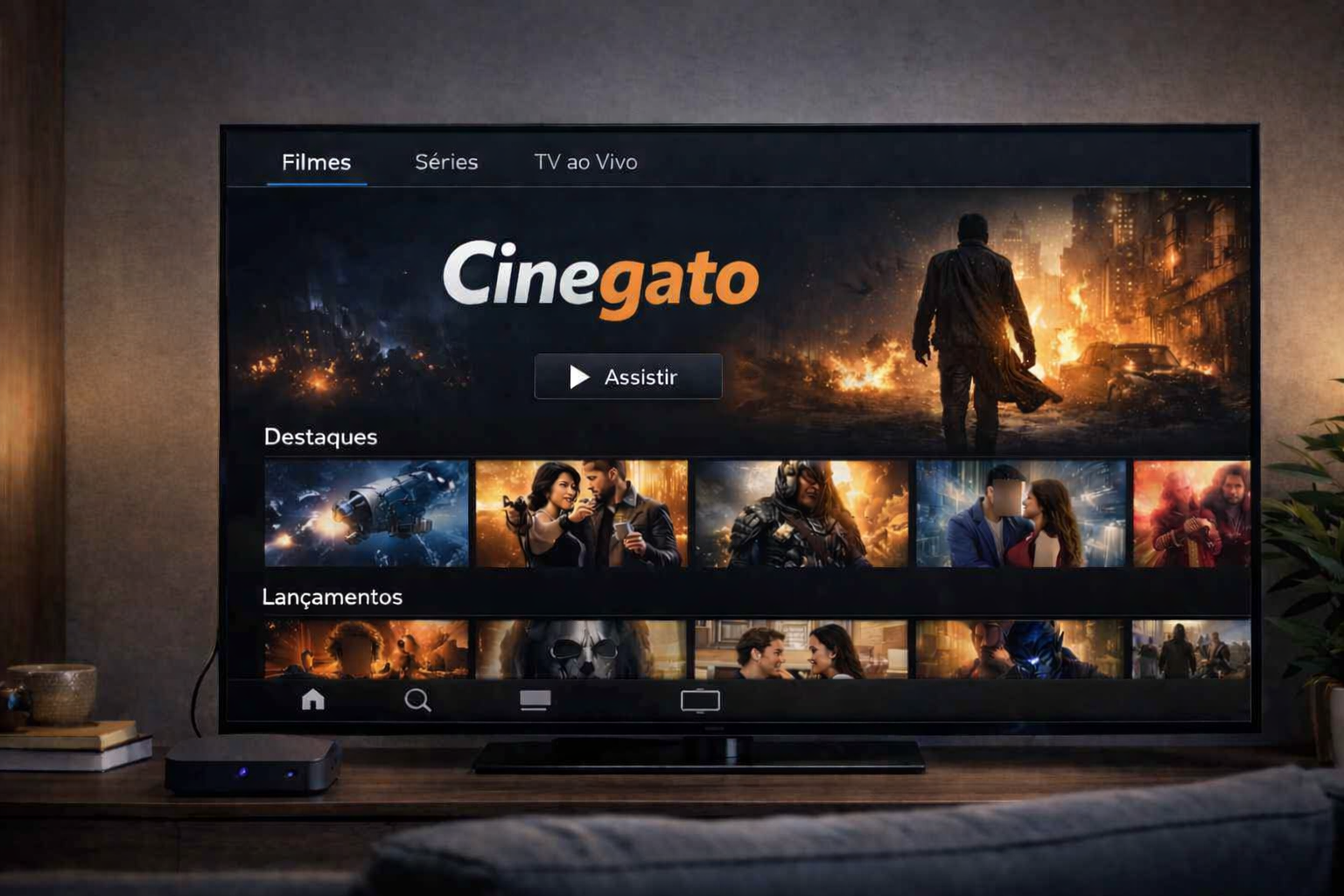 O app Cinegato tem mais de 100 mil títulos de filmes, séries e animes, entre outros